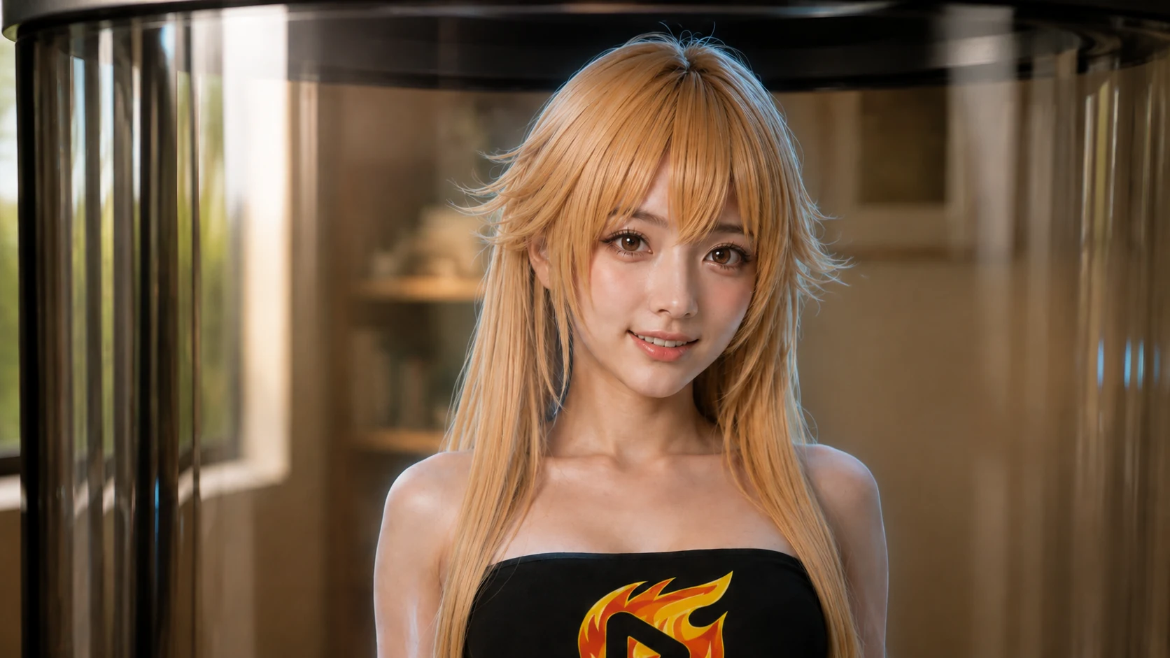 FeverClaw 透明圆柱中的 Ms Banana，面带微笑与你交流