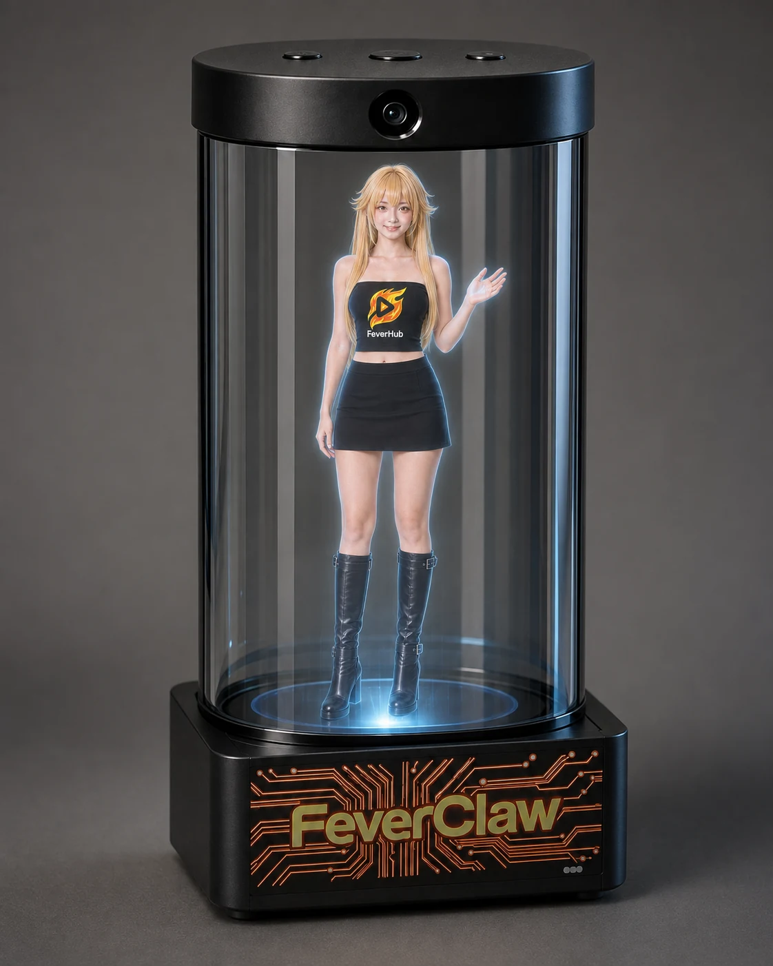 FeverClaw 黑色底座上方的透明圆柱中，Ms Banana 以微缩全息形象呈现